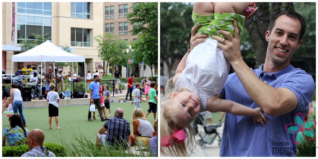 Two photographs. Left: A patio with families. Right: A smiling man holding a young smiling child upside down. Logo: Houston Moms blog.
