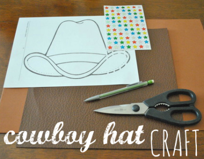 Cowboy Hat Craft. A photograph of a pencil, scissors, star stickers, leather textured cardboard and an illustration of a cowboy hat. 