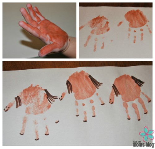 Three photographs from left to right, top to bottom: A child's palm covered in brown paint. Two brown handprints on a sheet of paper. Three horses created from handprints with the mane, tail, face, and hooves done in marker. Logo: Houston moms Blog. 
