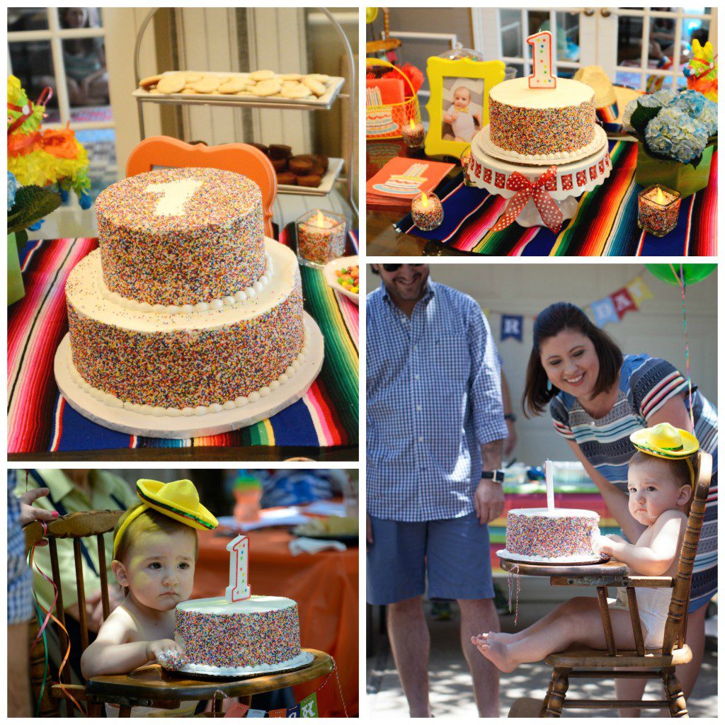 Four photographs from top to bottom, left to right: A two tiered birthday cake frosted with the number 1, a single tiered smaller cake with a number 1 candle, a young child in a highchair with the cake with the number 1 candle in front of him, A young child in a highchair with the cake with the number 1 candle in front of him and people smiling at him. 