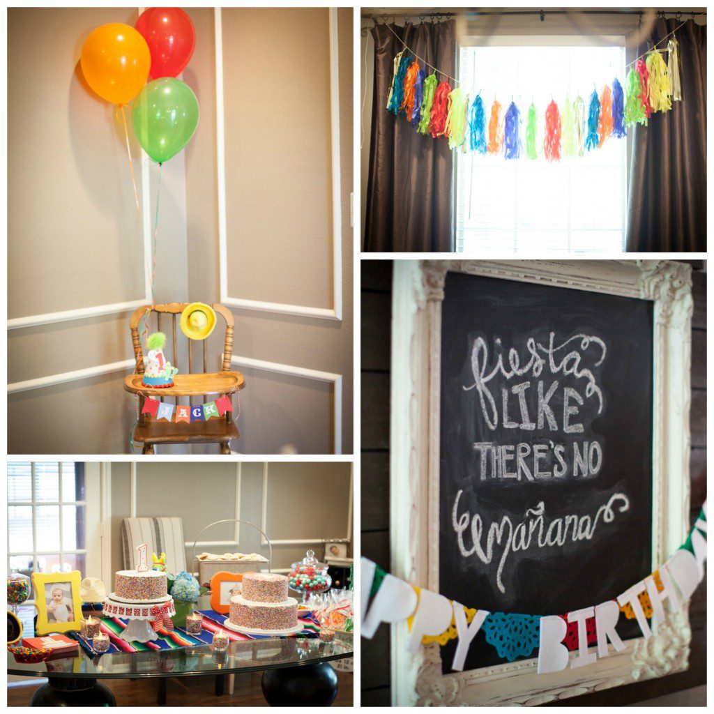 Four photographs from left to right, top to bottom: A highchair decorated with balloons, a banner and toys. A banner hung across a window. A table with two cakes, glass jars of candy and decorations. A blackboard framed sign with the text: Fiesta like there's no manana. 