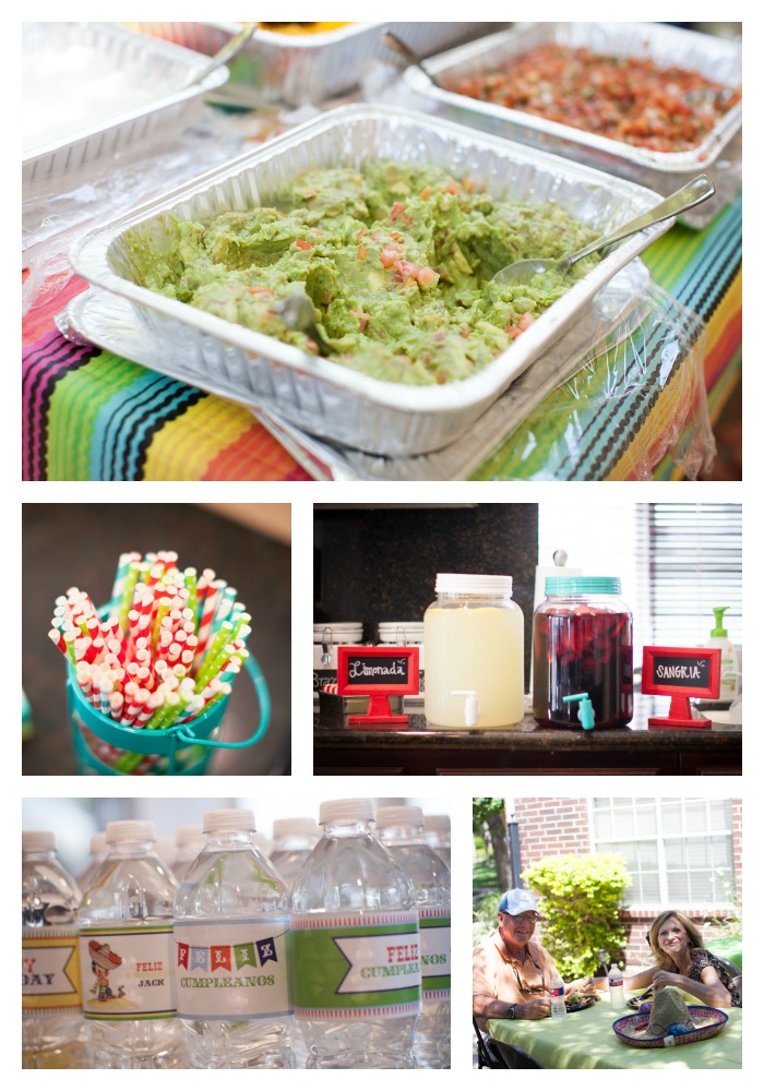 Five photographs from top to bottom, left to right: trays of food, a jar of straws, two pitchers of lemonade and sangria, bottles of water with custom made labels, two smiling people at a picnic table. 