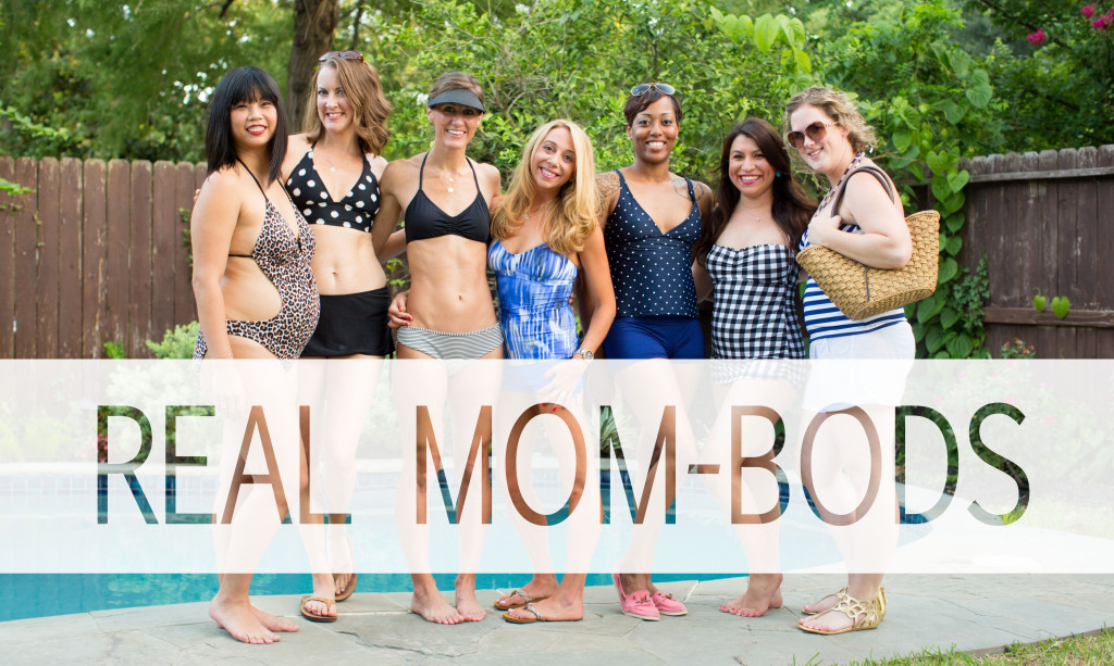 Real mom bods. A photograph of Seven women in swimsuits standing together in front of a pool.