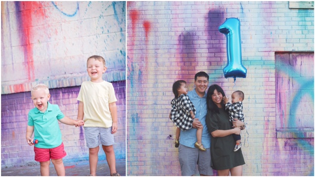 Left photograph of two children holding hands in front of a mural. Right photograph of a father holding a toddler, a mother holding a baby while standing in front of a mural. 
