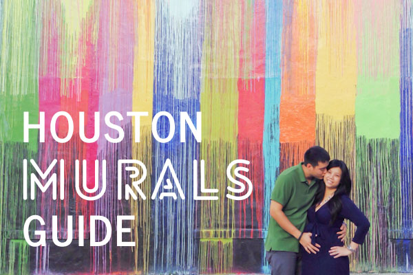 Houston Murals Guide. A photograph of a man kissing a woman's cheek in front of a mural. 