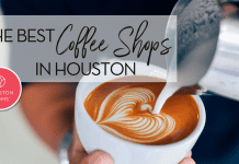 The best coffee shops in houston. A Photograph of a person pouring heart-shaped milk foam into a coffee. Logo: Houston moms.