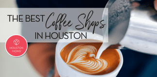 The Best Houston Coffee Shops The best coffee shops in houston. A Photograph of a person pouring heart-shaped milk foam into a coffee. Logo: Houston moms.