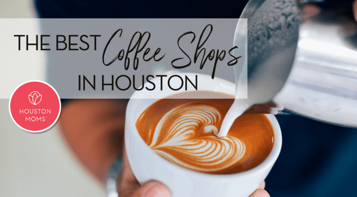 The best coffee shops in houston. A Photograph of a person pouring heart-shaped milk foam into a coffee. Logo: Houston moms.