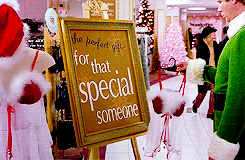 A GIF of an elf standing in a mall reading a sign that states: The perfect gift for that special someone. 