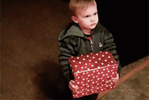 A GIF of a young child throwing a present at the base of a Christmas tree. Text states: Stupid white elephant. 