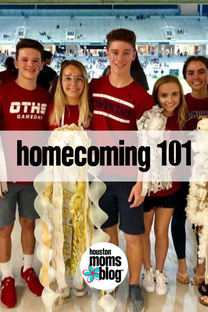 Homecoming 101. A photograph of five smiling teenagers wearing mums and garters. Logo: Houston moms blog. 