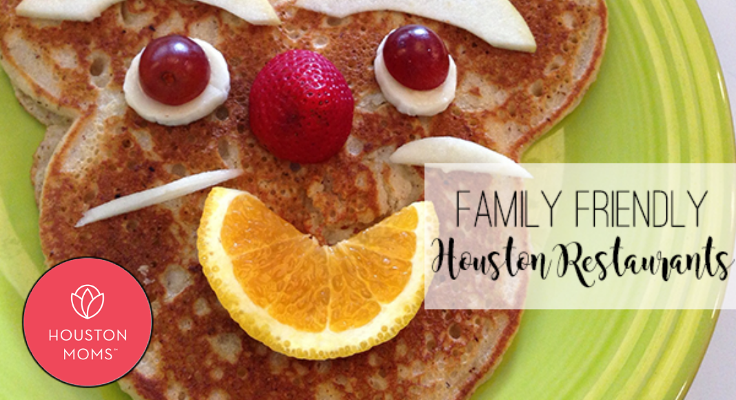 Family Friendly Houston Restaurants. Logo: Houston moms blog. A photograph of a pancake with facial features created from fruit.