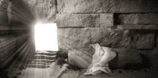 Easter for the Faithless:: Finding Resurrection While Celebrating Doubt A room made of stone with light coming in a doorway and a shroud on a stone.