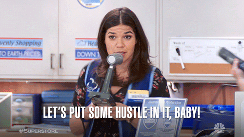 A GIF of a store employee stating "Let's put some hustle in it, baby" into a store announcement system. 