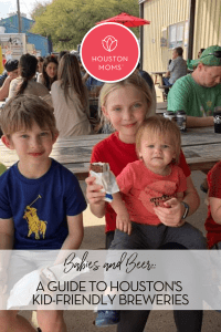 Babies and Beer: A guide to Houston's kid-friendly Breweries. Logo: Houston Moms. A photograph of five children sitting at a picnic bench and eating ice cream. 