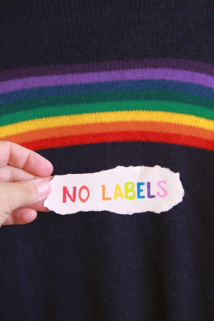 A hand holding a sign with the text no labels in front of fabric with a rainbow. 
