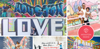 Exploring Houston:: Houston Murals Guide Logo: Houston Moms. Six photographs of families posing in front of murals.