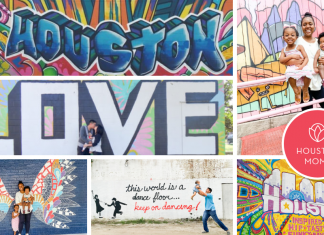 Logo: Houston Moms. Six photographs of families posing in front of murals.