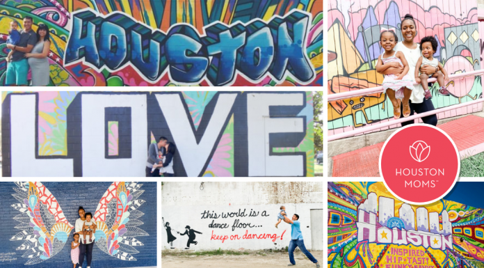 Logo: Houston Moms. Six photographs of families posing in front of murals.