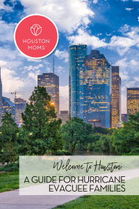 Welcome to Houston: A Guide for Hurricane Evacuee Families. A photograph of downtown Houston. Logo: Houston moms. 