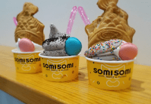 Three cups of ice cream with the label Somisomi. Two of the cups have a goldfish waffle on top.