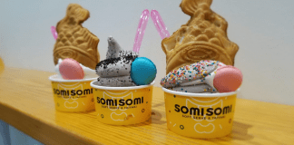 Three cups of ice cream with the label Somisomi. Two of the cups have a goldfish waffle on top.