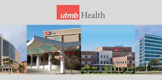 Logo: U T M B Health. A collage of four U T M B Health buildings.