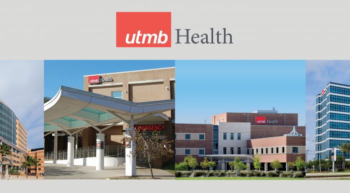 Logo: U T M B Health. A collage of four U T M B Health buildings.