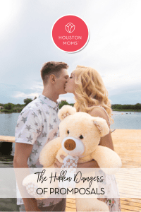 The Hidden Dangers of Promposals. Logo: Houston Moms. A young woman holding a large teddy bear and kissing a young man's cheek on a dock with a lake in the background. 