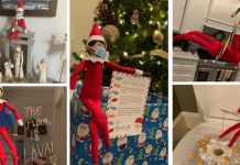 A collage of five Elf on the Shelf positions. From top to bottom left to right: The elf is wearing a mask and next to a manger scene, The elf is taped to glass with the words "The floor is lava" next to him, the elf is wearing a mask and next to a present with a sign, the elf is hanging by a candy cane to a string, the elf is wearing a mask and holding a crafted fishing rod with goldfish surrounding it on top of a covered toilet bowl.