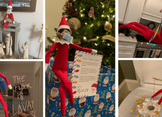 A collage of five Elf on the Shelf positions. From top to bottom left to right: The elf is wearing a mask and next to a manger scene, The elf is taped to glass with the words "The floor is lava" next to him, the elf is wearing a mask and next to a present with a sign, the elf is hanging by a candy cane to a string, the elf is wearing a mask and holding a crafted fishing rod with goldfish surrounding it on top of a covered toilet bowl.
