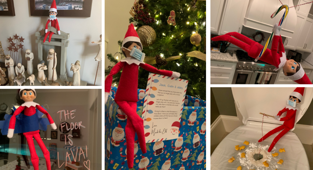 A collage of five Elf on the Shelf positions. From top to bottom left to right: The elf is wearing a mask and next to a manger scene, The elf is taped to glass with the words "The floor is lava" next to him, the elf is wearing a mask and next to a present with a sign, the elf is hanging by a candy cane to a string, the elf is wearing a mask and holding a crafted fishing rod with goldfish surrounding it on top of a covered toilet bowl. 