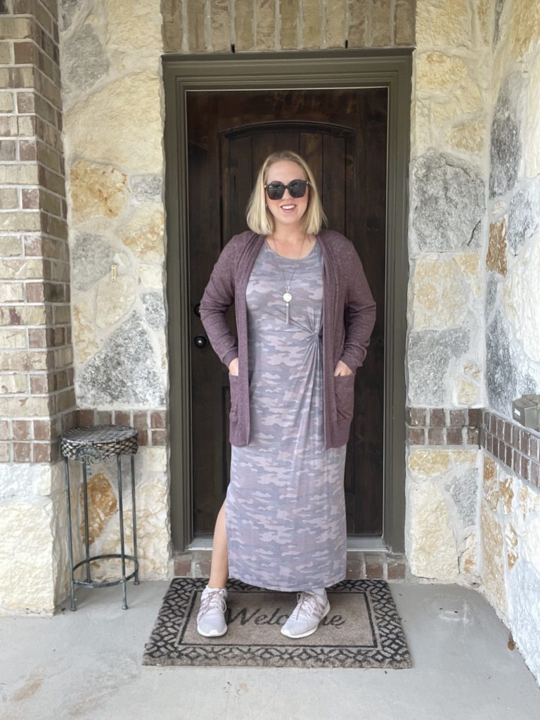 woman's winter wardrobe includes muted maxi dress with long cardigan
