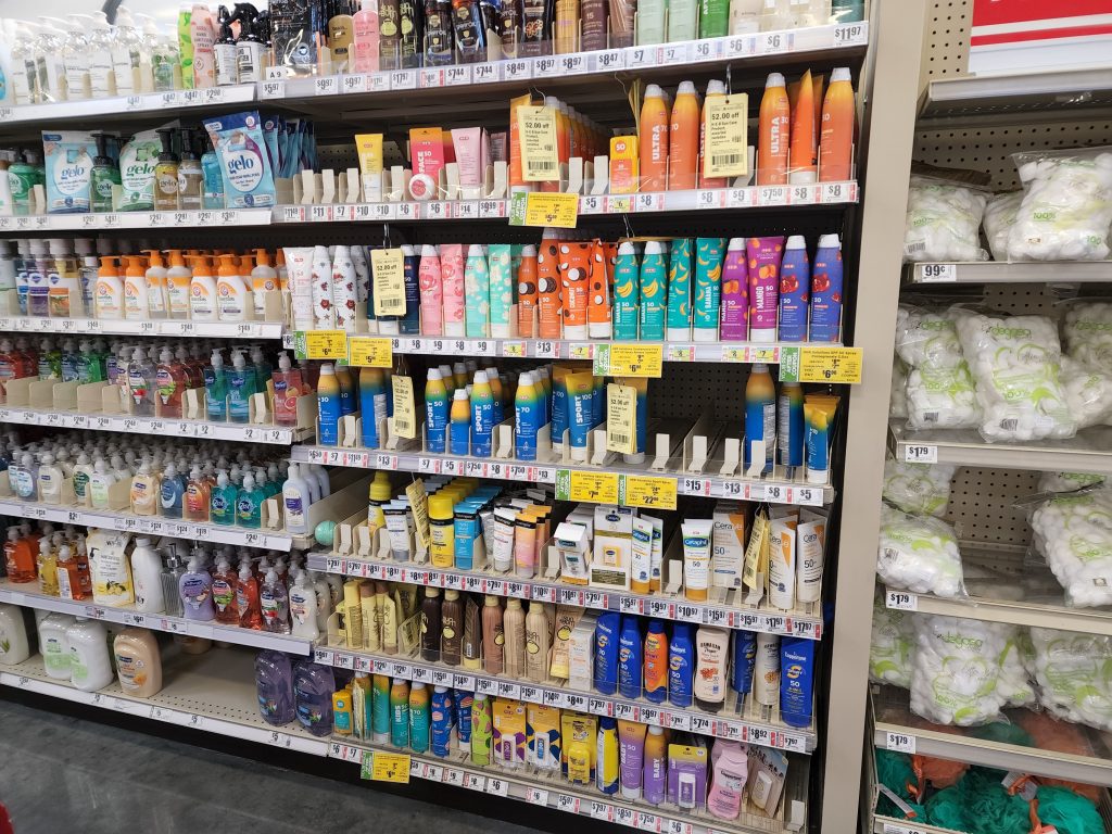 sunscreen aisle at drugstore