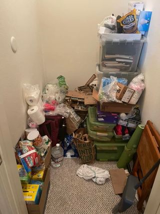closet cluttered with random assortment of household supplies