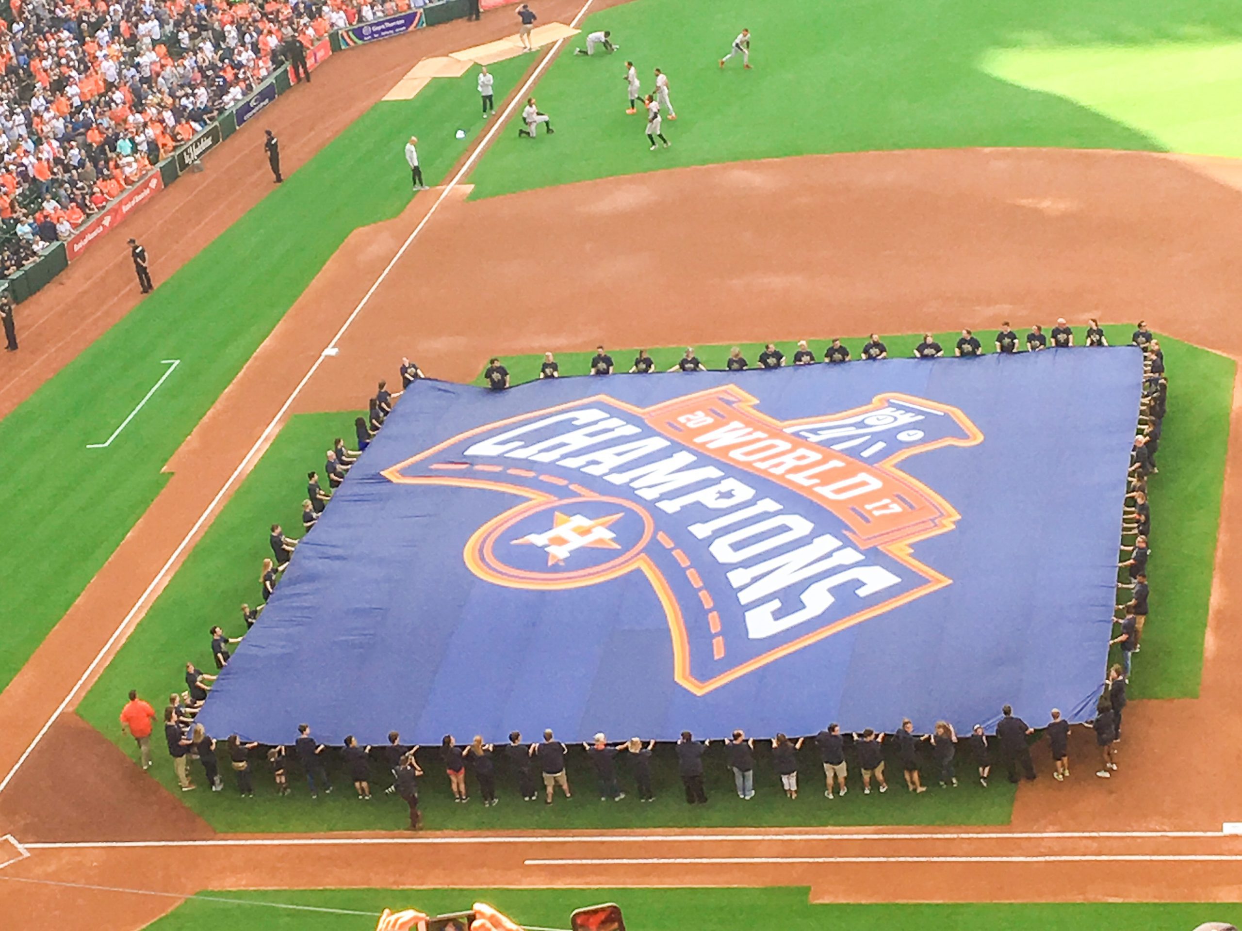 view of world champions banner on baseball field