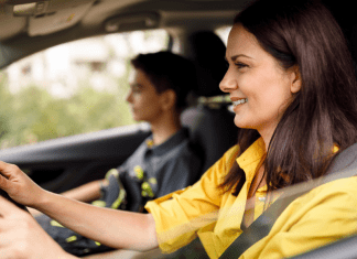 woman and teenage son in car