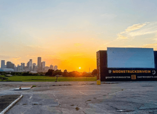 Moonstruck theater with view of Houston skyline