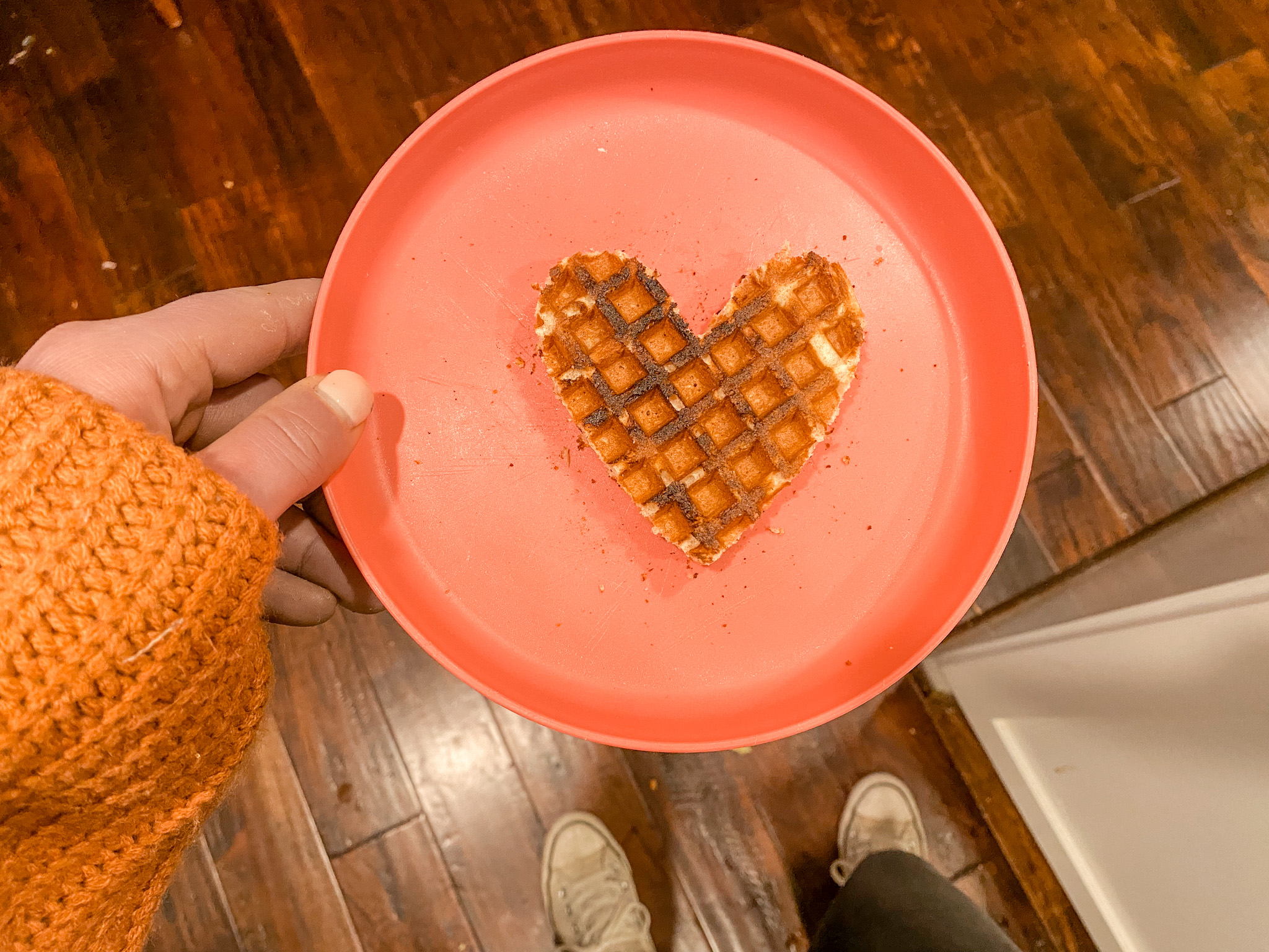 waffle on plate cut in shape of a heart
