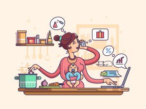 cartoon drawing of woman on phone, cooking dinner, holding baby, and typing on computer