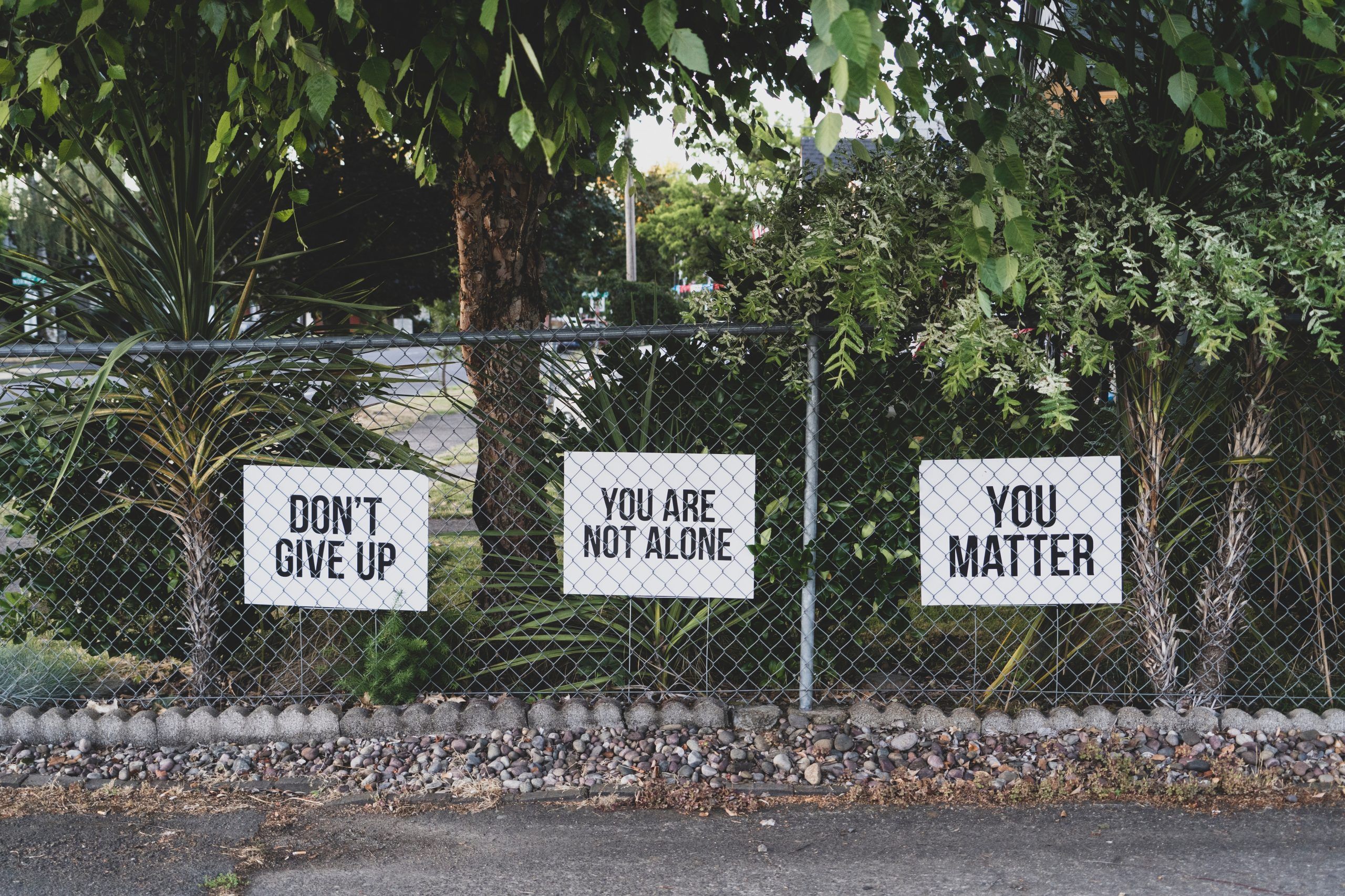 signs on fence about how mental health matters: Don't Give Up, You are Not Alone and You Matter