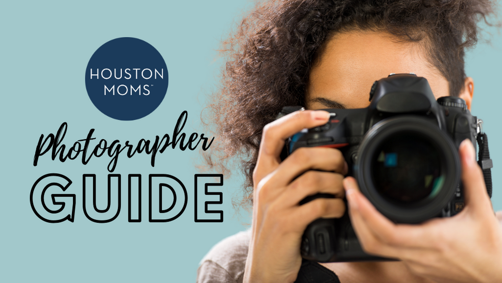 Guide to Photographers. Logo: Houston moms. A photograph of a woman holding a camera in front of her face.
