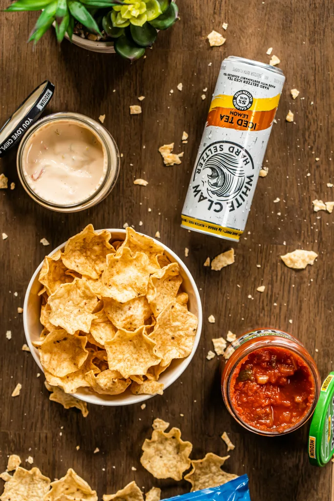 chips, dip and White Claw