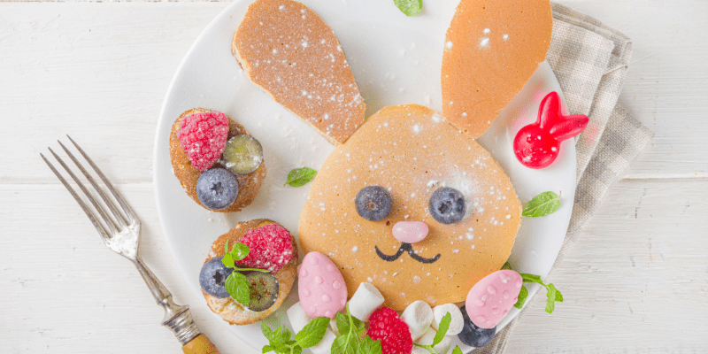 bunny pancake with fruit on plate