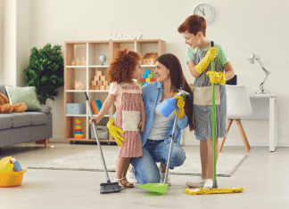 mother and children working on maintaining a clean home