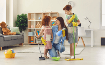 mother and children working on maintaining a clean home
