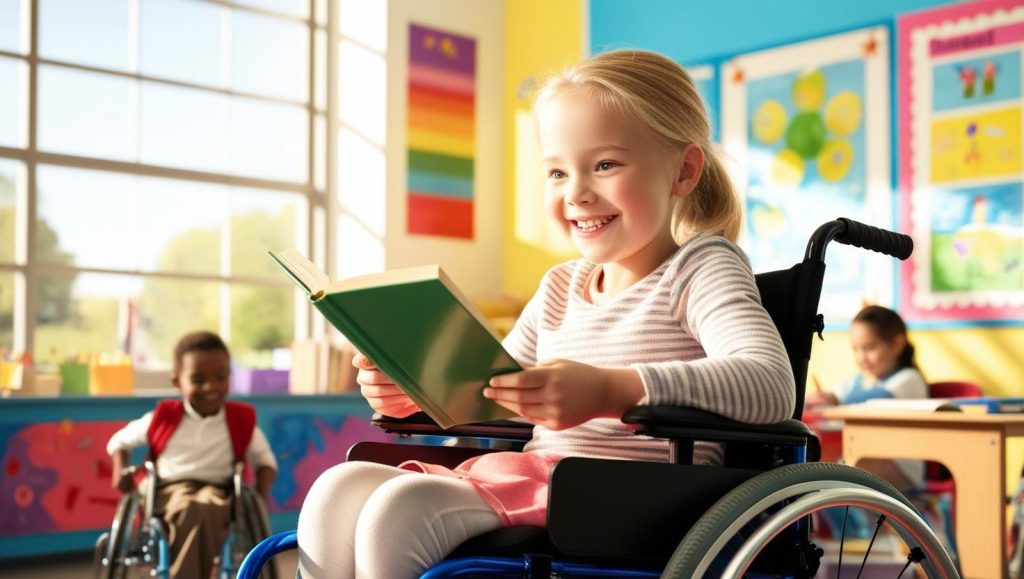 A little girl in a classroom sits in a wheelchair, smiling while holding a book