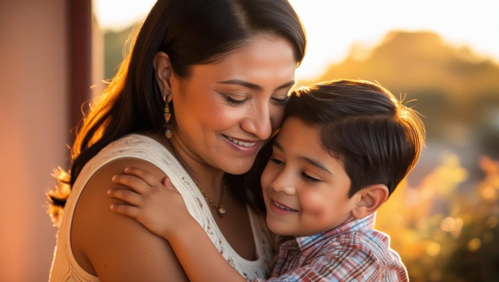 A woman and little boy hug