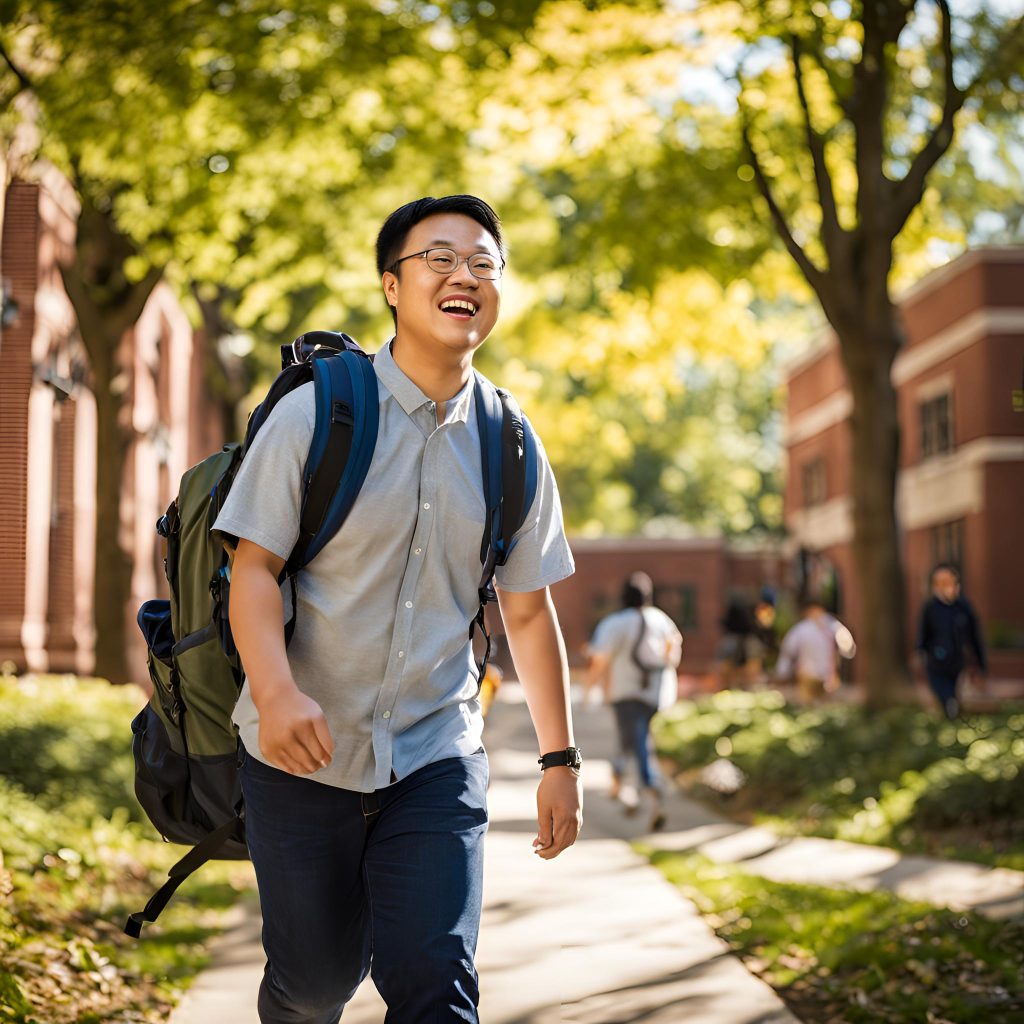A boy wearing a backpack walks on a campus outdoors