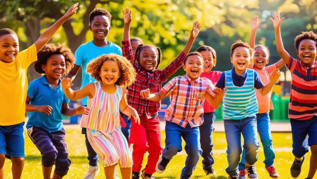 A group of children running and playing outside